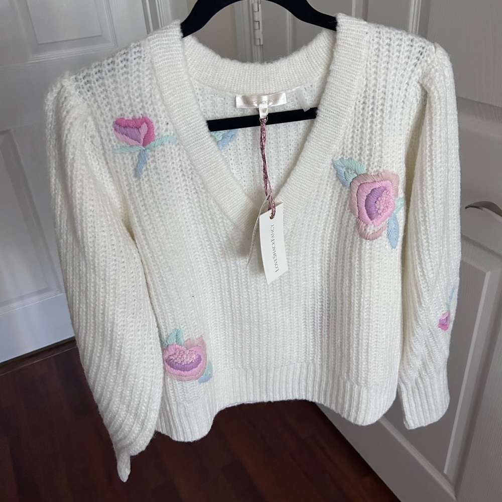 NWT LoveShackFancy Ridge V Neck Floral Embroidery Sweater Pullover M - Picture 1 of 17
